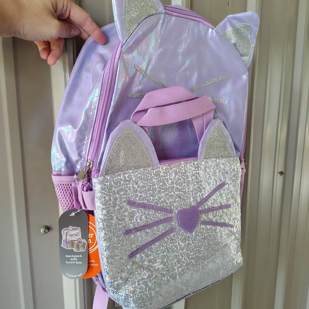 Girls Purple Iridescent Sequin Cat Backpack‎ Lunch Box 2-Piece Set Wonder Nation